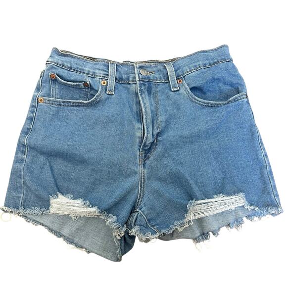 Levi's Blue Denim Jean Shorts High Rise Womens Size 29 Distressed Hem - Picture 1 of 6